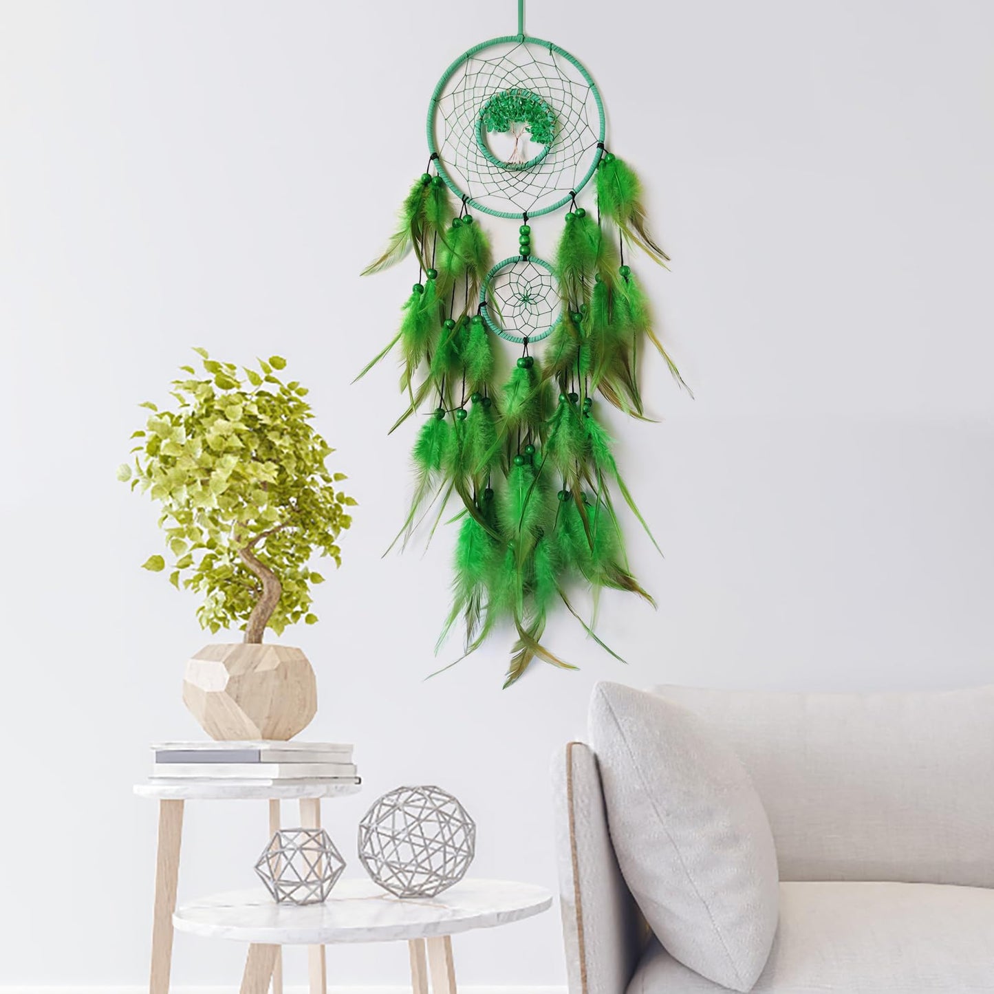 SOYUZU Green Dream Catcher Wall Decor Crystal Tree of Life Dream Catchers Handmade Feather Dreamcatcher Wall Hanging Ornament for Bedroom Living Room Home Decor