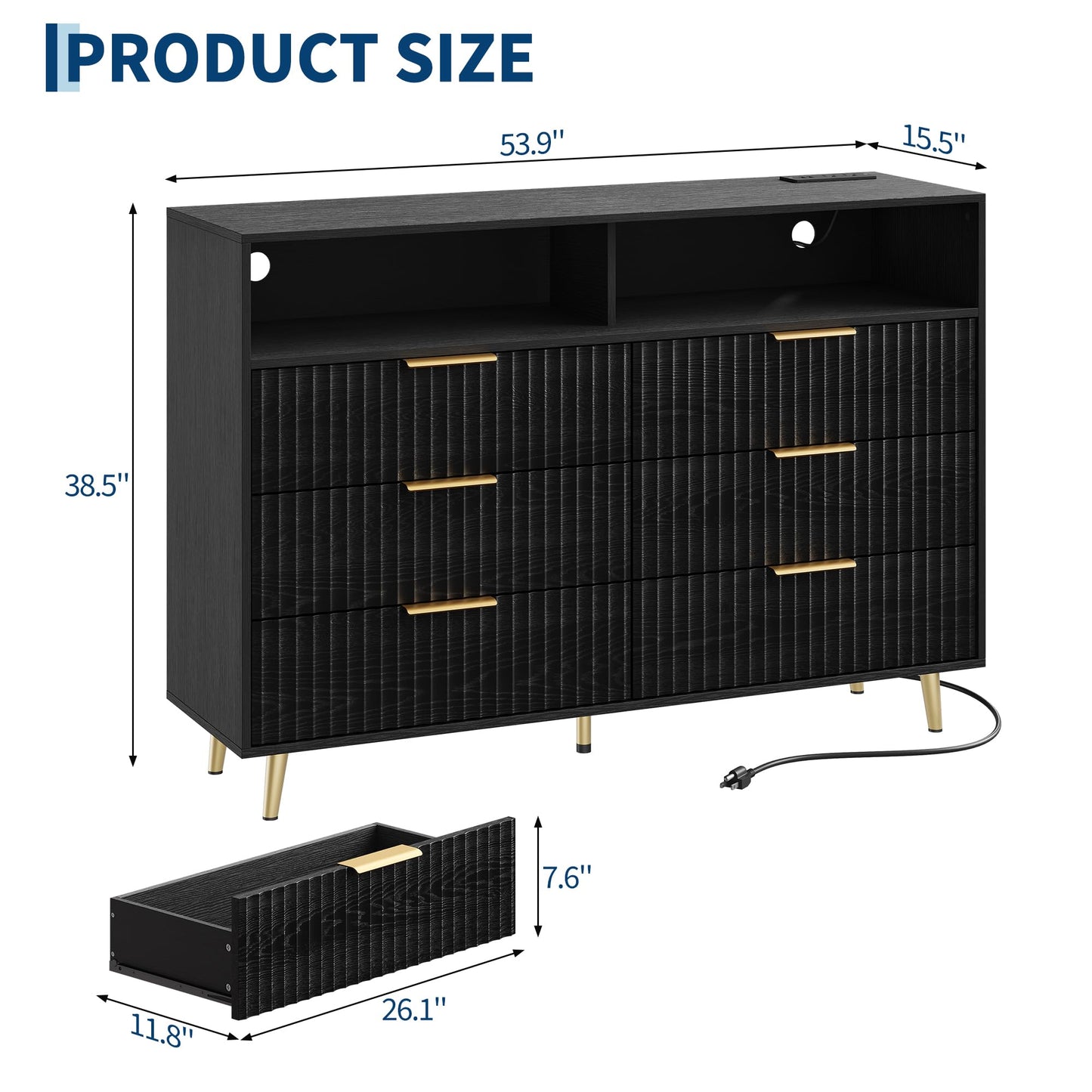 Garvee 53.9" Wide Luxury 6 Drawers Dresser with LED Lights & Charging Station, Curved Fluted Wood Chest of Drawers with Gold Handles, Modern Storage Cabinet for Bedroom Living Room, Black