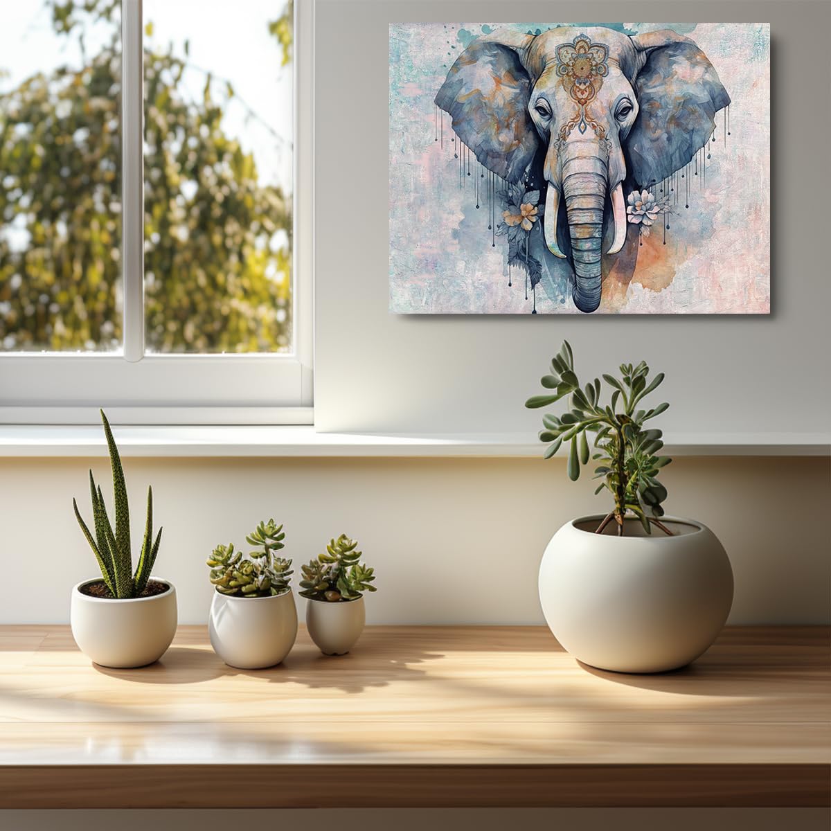 Retro Elephant Wall Art - Vintage Animal Themed Canvas Framed Poster - 15" x 11.4" for Home, Farmhouse, Bedroom, Kitchen, Living Room