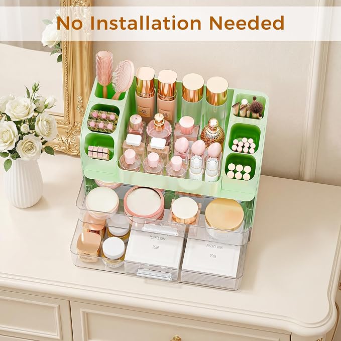 Makeup Organizer for Vanity with Brush Holder, Large Bathroom Countertop Organizer & Skincare Storage | Perfume, Cosmetics Display Case with Drawers (Green)
