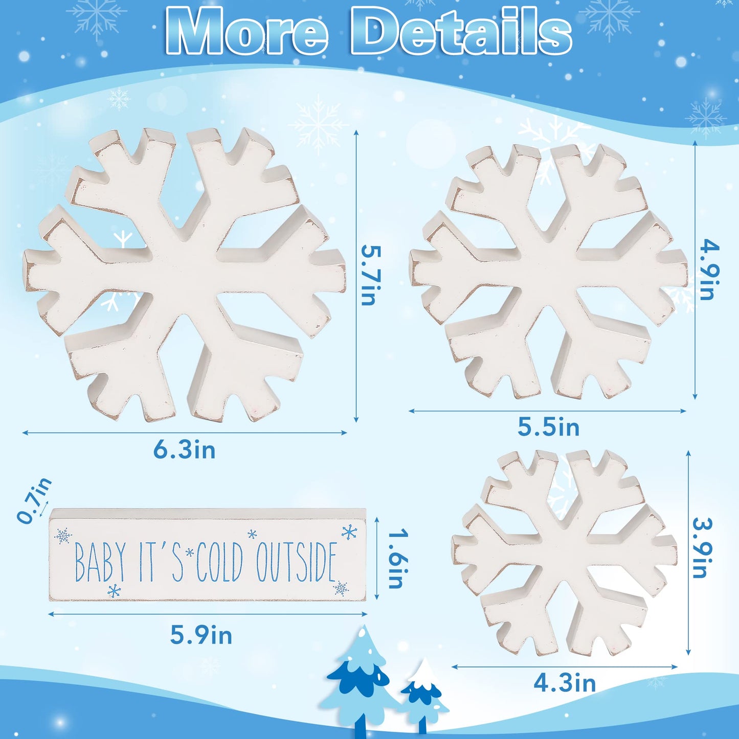 4 PCS Winter Wooden Snowflakes Decor - Christmas Snowflake Signs - Christmas Fireplace Decoration for Party - Tabletop Fireplace Decors Indoor