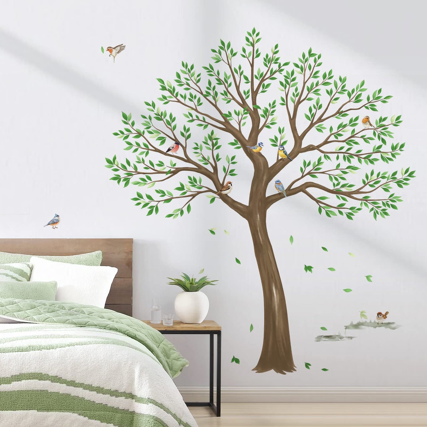 wondever Large Tree Wall Stickers Green Leaves Birds Peel and Stick Wall Decals for Living Room Bedroom TV Wall (H: 63inches)
