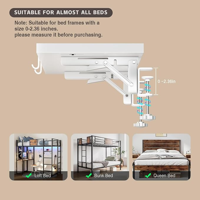 Magheo Foldable Bedside Shelf, Metal Clip-On Bunk Bed Table Shelf for Top Bunk Heavy Duty Bed Side Table Tray for College Dorm Room Essentials, Loft Nightstand Organizer Tray with 3 Cord Hole(White)