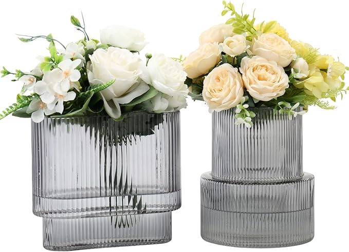Black Glass Vases, Set of 2 Ribbed Vases for Flowers, Black Vase for Tulips, Modern Glass Vase for Living Room, Dining Table, Office, Entryway, Mantle, Bookshelf, Wedding Gifts