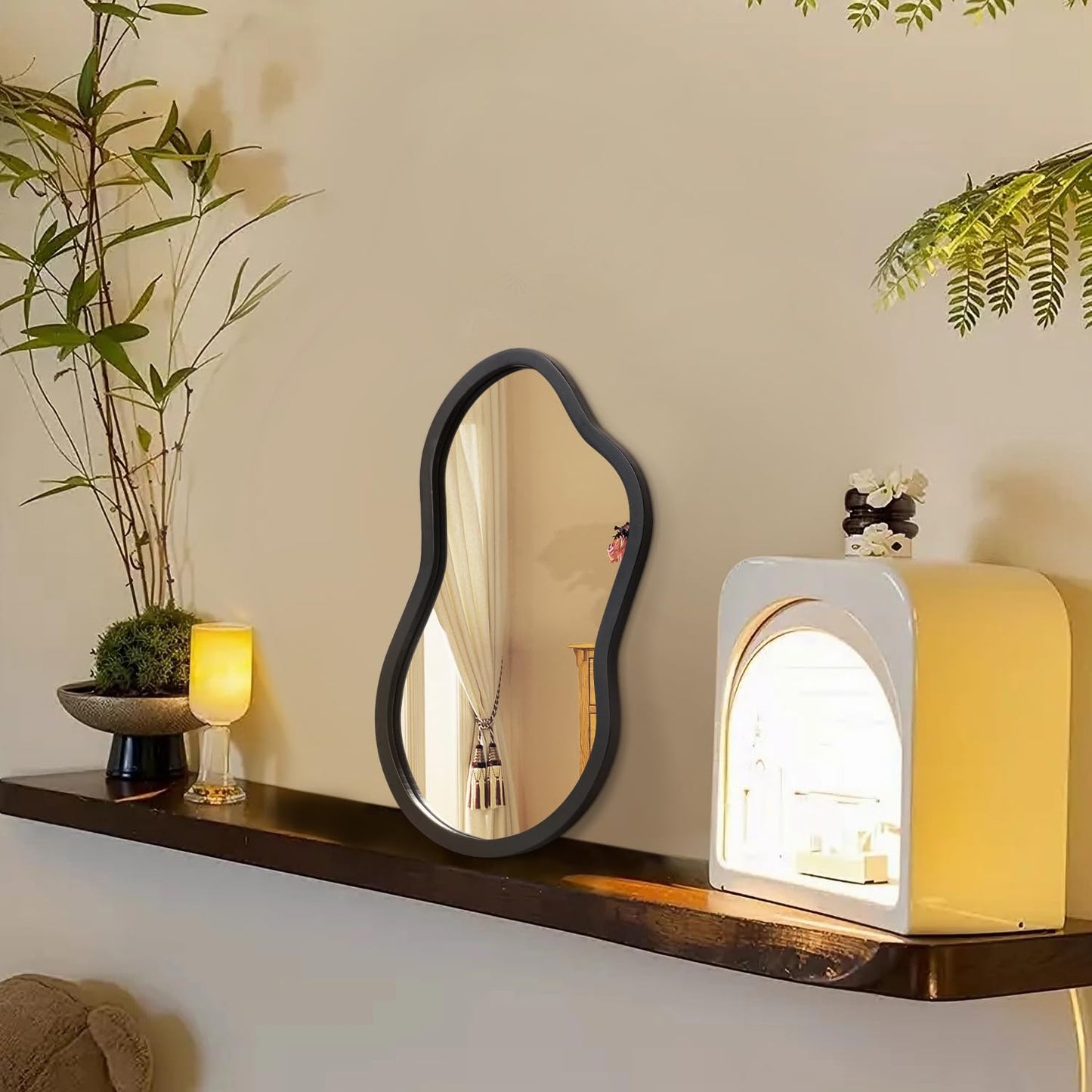 AAZZKANG Irregular Wall Mirror with Wood Framed Small Asymmetrical Black Hanging Mirrors for Bedroom Living Room Bathroom Entryway Dressing Room Decorative