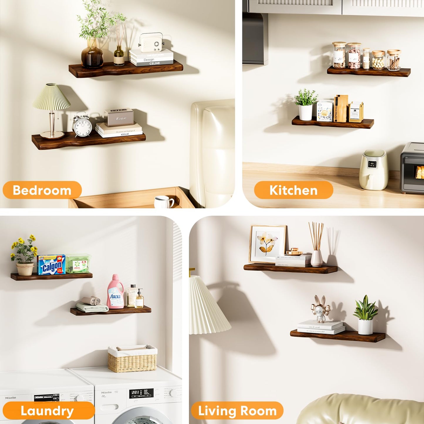 Avytronx Solid Wood Live Edge Floating Shelves Set of 2 – 24" Rustic Wall Shelf with Hidden Bracket System, Wall Mounted Shelves for Bathroom, Kitchen, Living Room, Bedroom (Walnut)