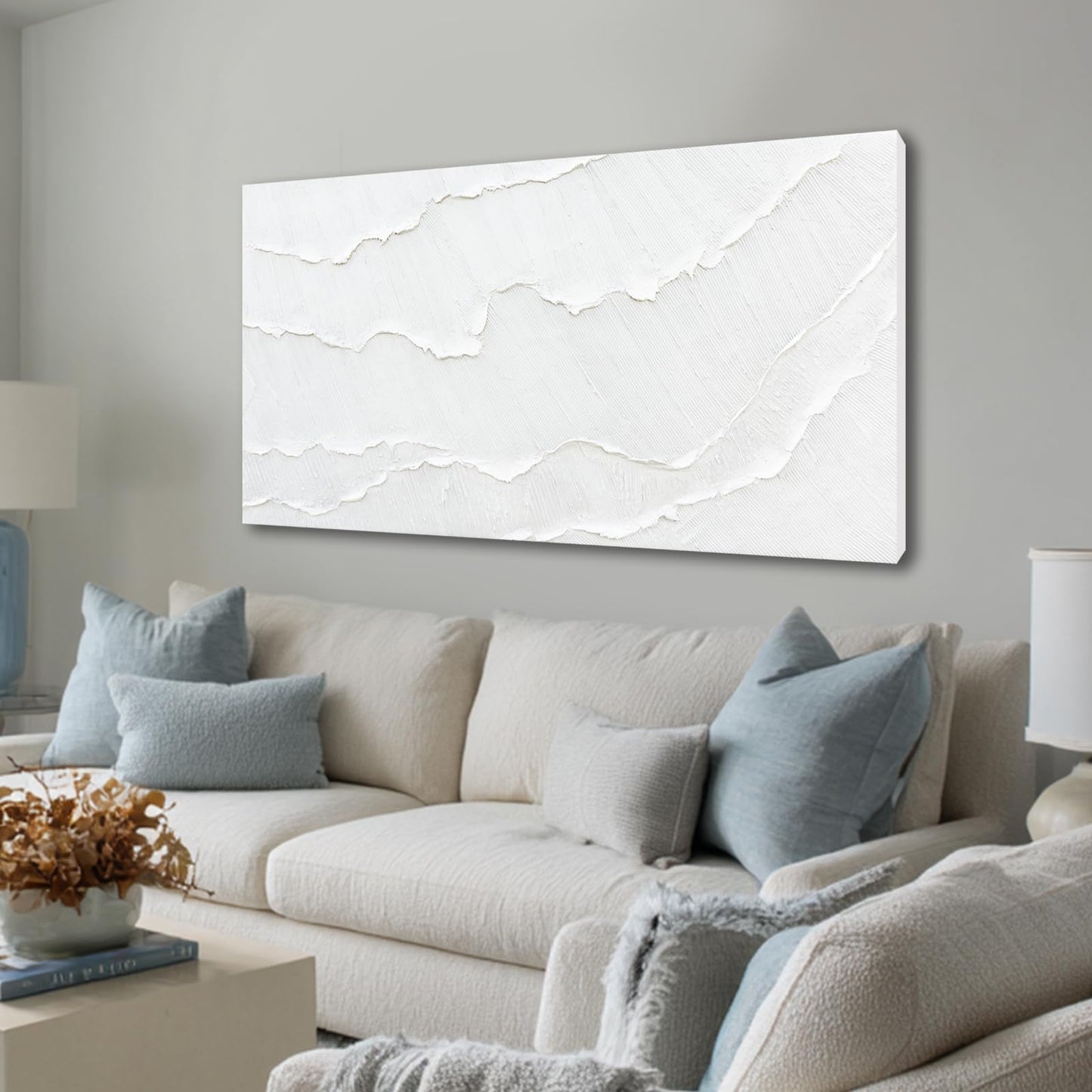 WINKAILIN White Abstract Textured Wall Art Modern 24x48 inch Canvas Ocean Wave Artwork Minimalist Hand-drawn Painting Contemporary White Posters Print for Living Room Bedroom Office Décor
