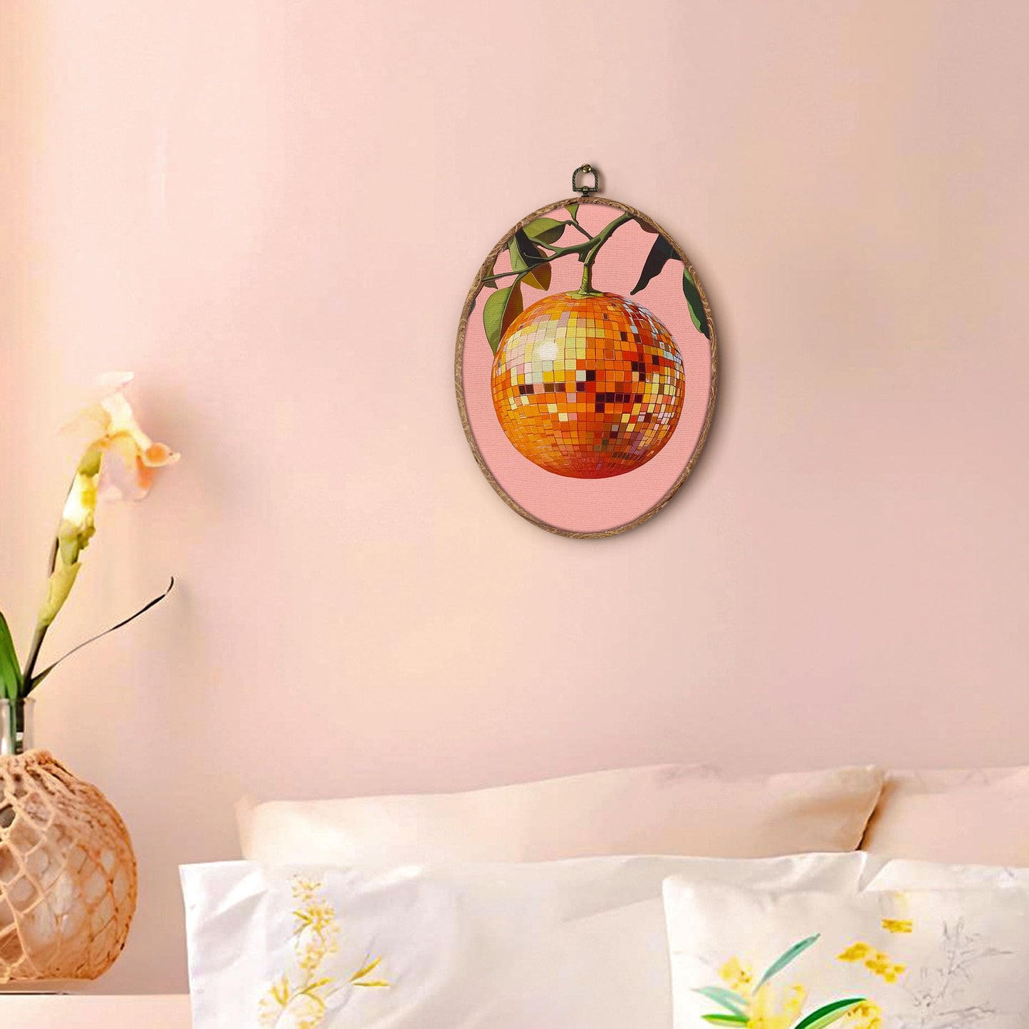Hxlac Trendy Funky Orange Disco Ball Oval Wall Art Framed, Funky Retro Oval Wall Decor, Trendy Aesthetic Hanging Canvas Prints Wall Sculptures for Home Living Room Bedroom Decor, 8.5x11.5 Inch