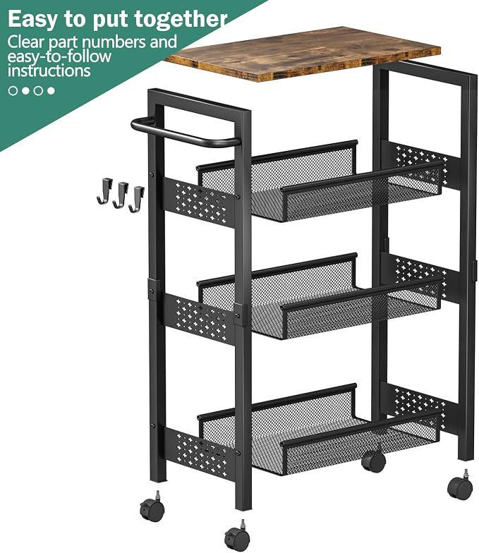 Vivihomety Utility Slim Storage Cart with Wheels, 4-Tier Narrow Rolling Organizer Shelf with Wood Top, Metal Storage Rack and Space-Saving Organizer for Bathroom, Kitchen, Laundry Room, Small Spaces