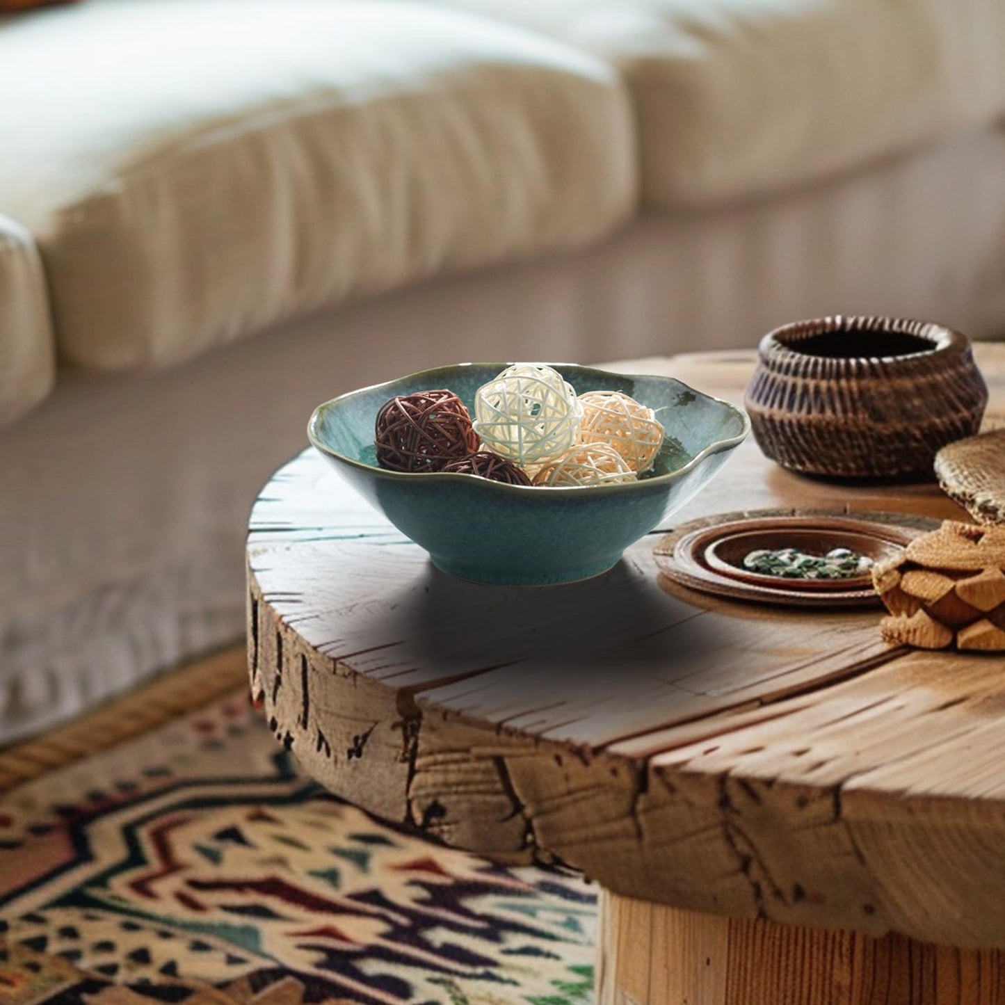KROUJITY Decorative Bowl 7.6'' Ceramic, Ruffle Catch All Key Bowls for Entryway Table, Coffee Table Bowl Decor, Handcrafted Large Decorative Bowl, Pottery Purse Potpourri Bowl