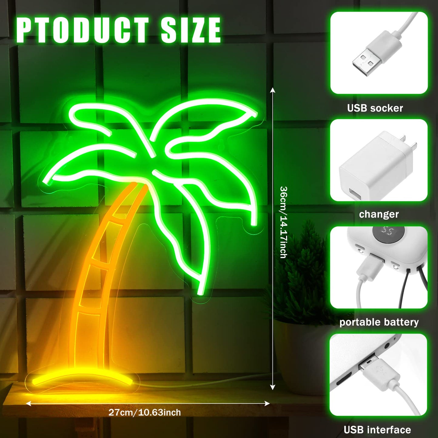 ROCEEI Tropical Palm LED Neon Sign Neon USB Powered Lights Sign Wall Art Gifts for Christmas Room Kids Bedroom Birthday Party Bar Decor