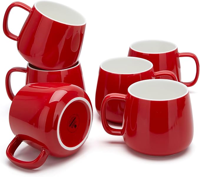 Teocera Coffee Mugs Set of 6-12oz Chip-Resistant Ceramic Cups with Ergonomic Handle | Dishwasher & Microwave Safe Red Mugs | Keeps Beverage Hot, Perfect for Family Kitchen & Holiday Gifts