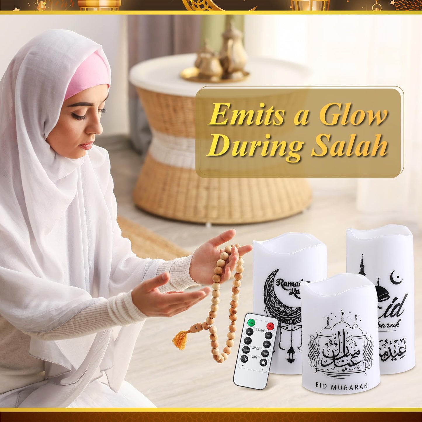Tujoe 3 Pcs Eid Mubarak Flickering Flameless Candles Ramadan Decor Eid Mubarak LED Battery Operated Candles Candle Lights for Muslim Eid Ramadan Decor for Home(Moon)