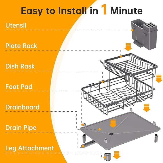 2 Tier Dish Drying Rack, Large Dish Racks for Kitchen Counter with Drying Mat, Detachable Dish Drainer Organizer, Rust-Resistant Space-Saving Dish Rack with Drainboard and Utensil Holder,Gray