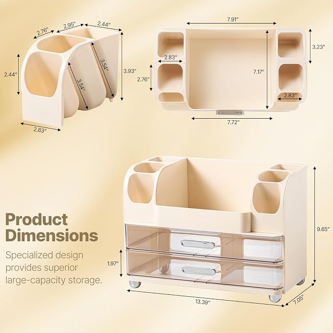 Makeup Organizer with Brush Holder, Makeup Organizer Countertop with 2 Drawers, Make up Organizers for Vanity, Vanity Organizer, Makeup Storage For Skin Cares,Makeup Brushes,Lipsticks,Perfumes(Cream)
