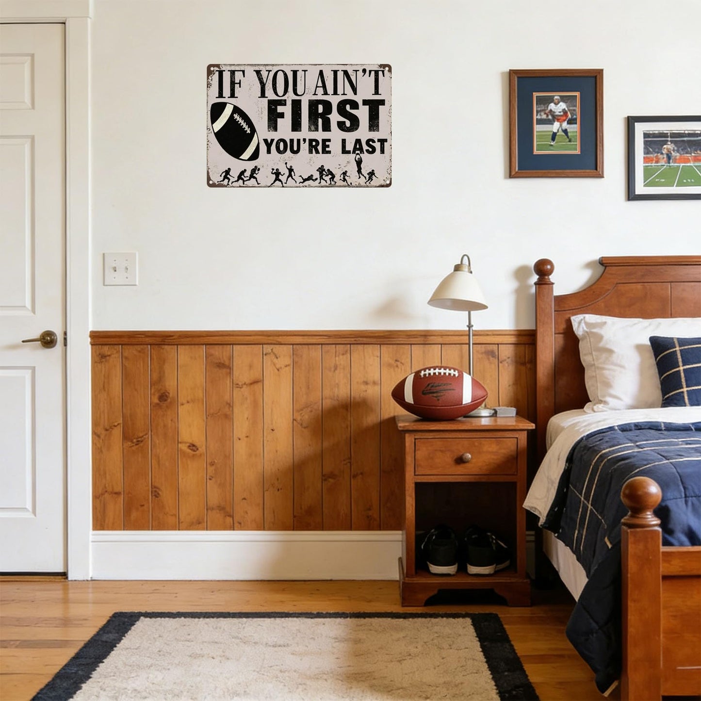 Qinfly Funny Football Wall Art Decor Gifts for Boys,Football Player,Men Who Love Football,If You Ain't First You're Last Sign,Football Stuff Accessories for Room,Bedroom,8x12 Inches