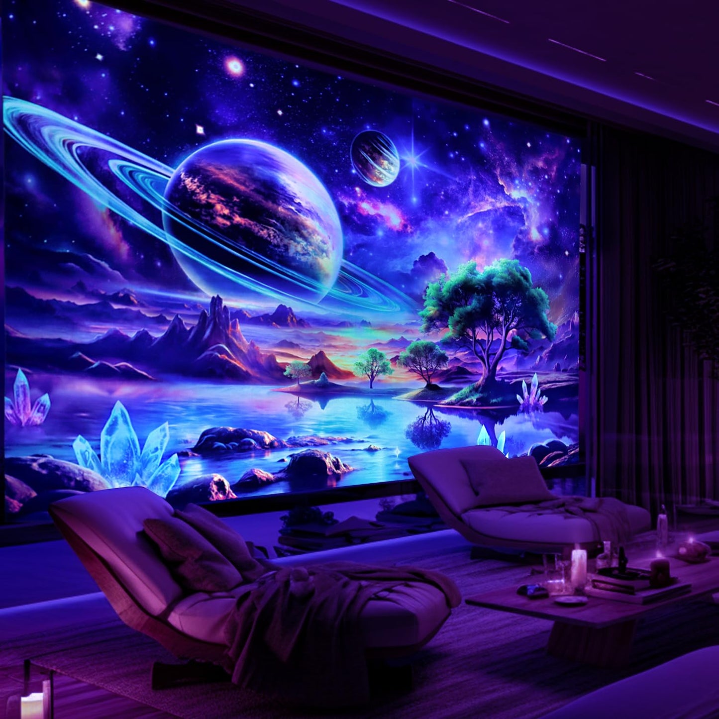 Blacklight Galaxy Space Tapestry UV Reactive Planet Wall Hanging Magical Trees Tapestries Cosmic Mountain Landscape Wall Decor Aesthetic Starry Night Backdrop for Bedroom