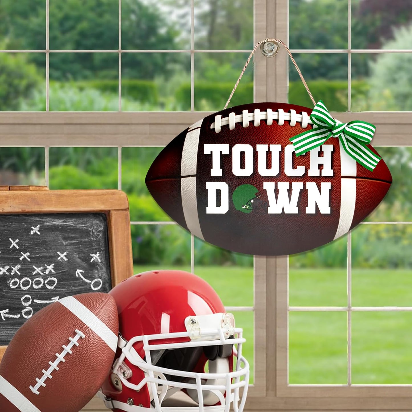 Football Touch Down Sign for Front Door Football Wooden Hanging Sign with Burlap Bow Football Season Wall Decor Farmhouse Football Rustic Wooden Wreath for Home Decorations