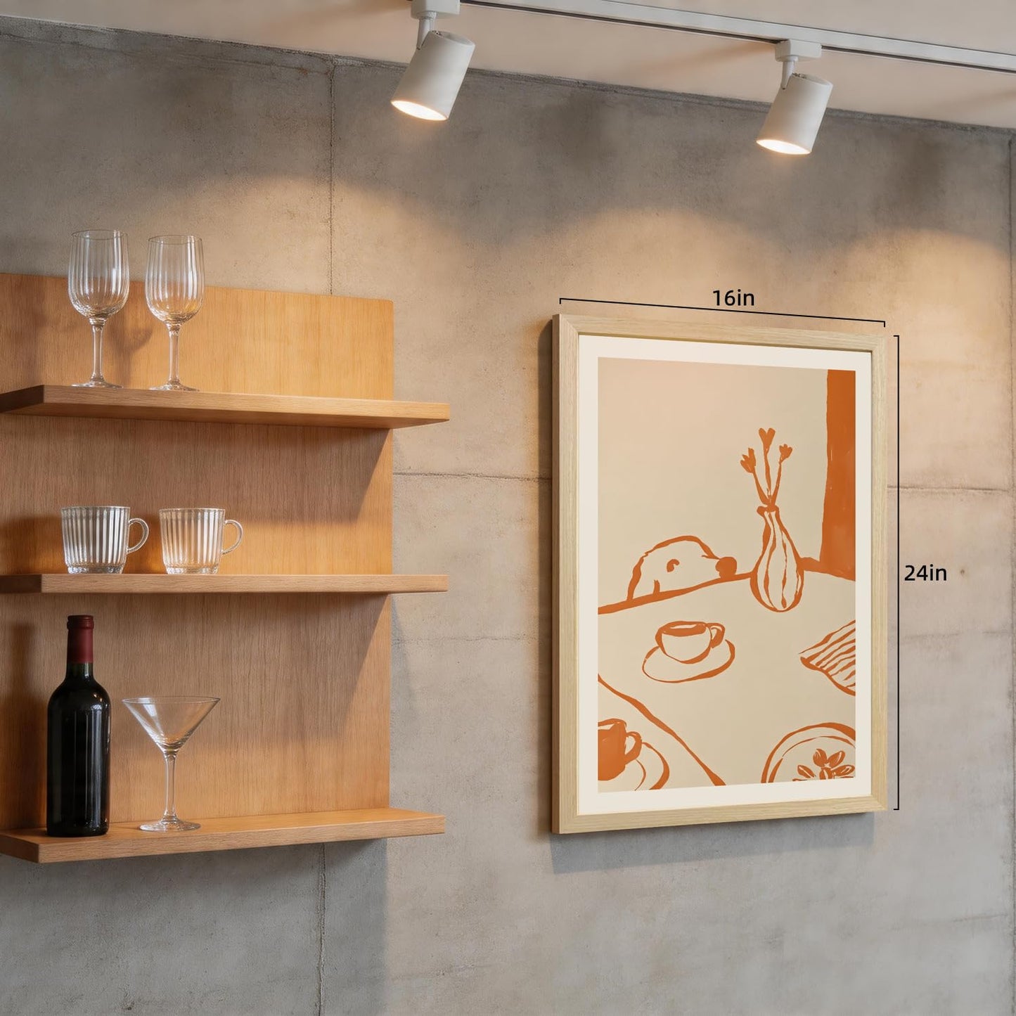 Msziryn Wood Framed Minimalist Coffee Wall Art, Brown Line Drawing Kitchen Wall Decor, Scandinavian Still Life Poster Print, Modern Coffee Dog Artwork for Dining Room Office Wood Framed 12x16 Inch