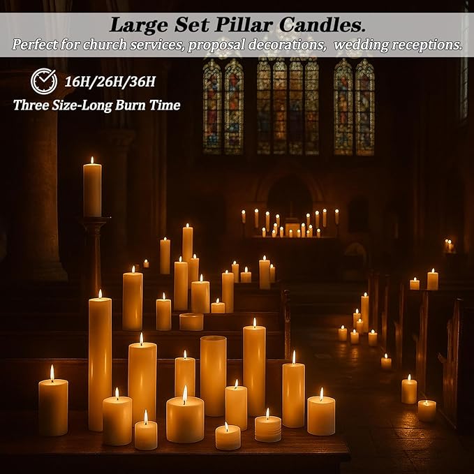 36 Pcs Ivory Pillar Candles Bulk Setï¼? Different Lengths 2 x 3/4/6 Inch (12 Each)，Hurricane Candles，Dripless Unscented Smokeless，Gives You a Better Atmosphere When Organizing an Event Party.