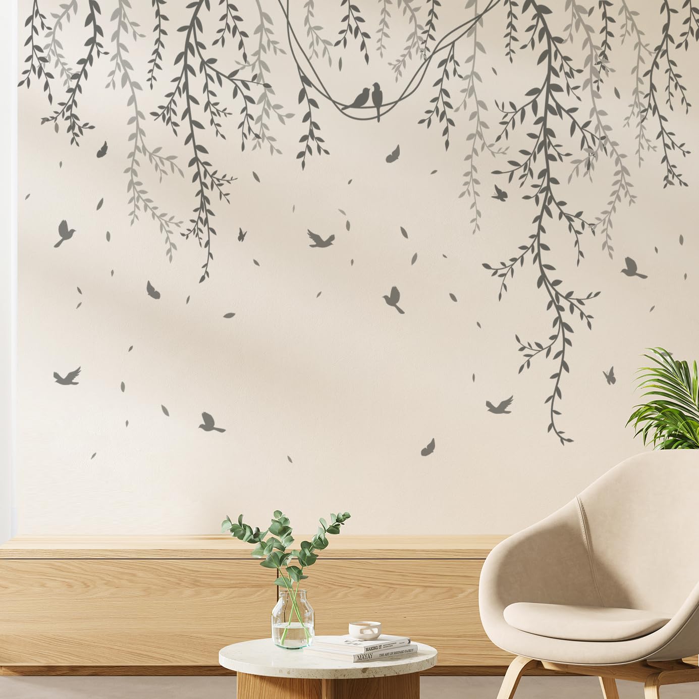 DRWSSR 3D Removable Grey Vines Wall Stickers - Peel & Stick DIY Wall Decals with Flying Birds, Waterproof PVC Wall Decor for Kids Room, Bedroom, Living Room, Office (30x45cm x6, 89x164cm Coverage)