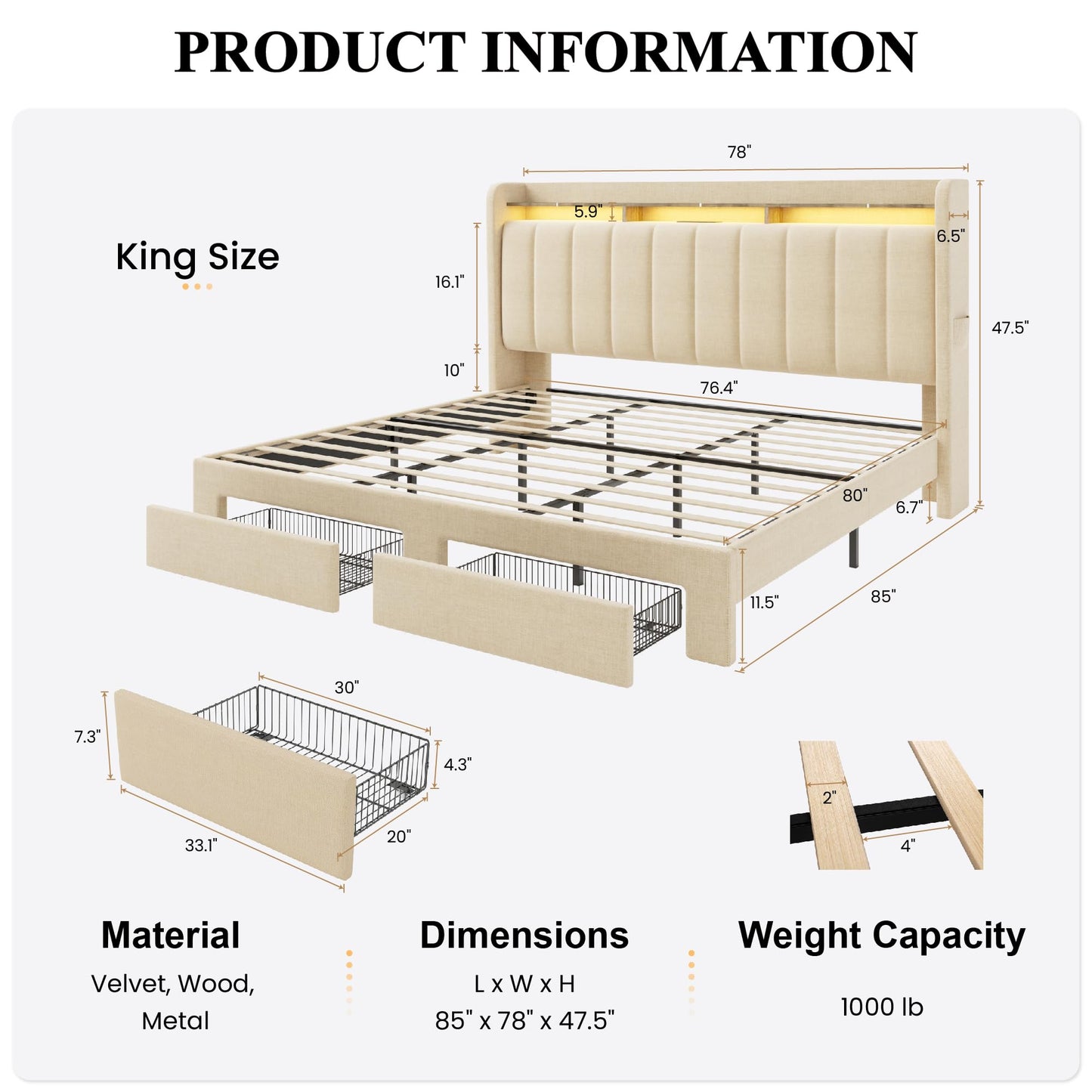 SHA CERLIN King Size Platform Bed Frame with Vertical Channel Tufted Wingback Headboard & 2 Storage Drawers/2-Tier Shelves with LED Lights & Charging Station/Noise-Free/No Box Spring Needed/Beige