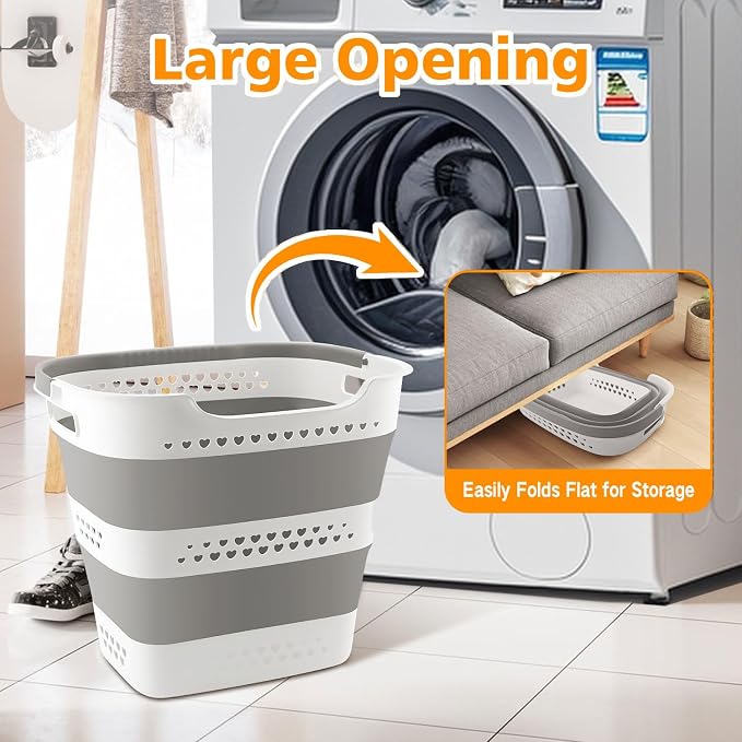 2 Pcs 42L Medium Collapsible Plastic Laundry Basket with Handles, Foldable Laundry Basket Hamper, Pop Up Storage Container Organizer for Washing Storage (Gery, 17 Inch * 13 Inch * 15 Inch)