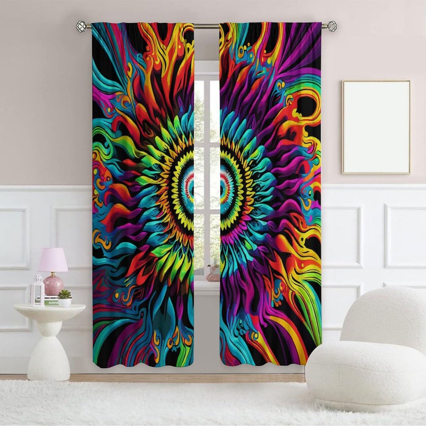 OVBOKEY Tie Dye Curtains - Boho Hippie Style with Rainbow Patterns for Bedroom & Living Room, Multicolor Swirl & Flame Design 2 Panels W42xL45 Inch
