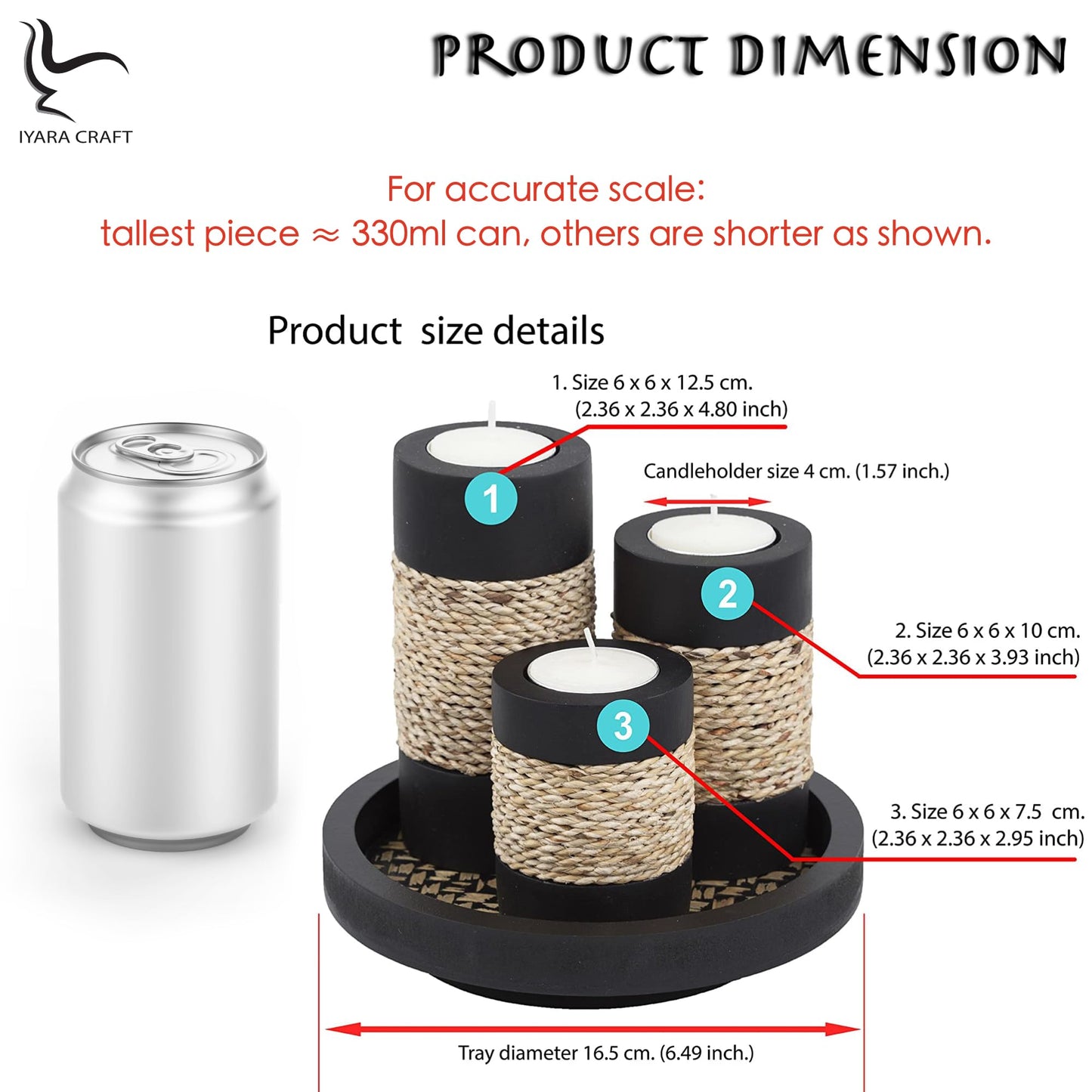 IYARA CRAFT Tealight Candle Holders with Tray – Set of 3 Rustic Black Wooden Candle Holders with Natural Rope Accent, Cozy Centerpiece for Romantic Dinner Table Decor, Anniversary & Housewarming Gifts