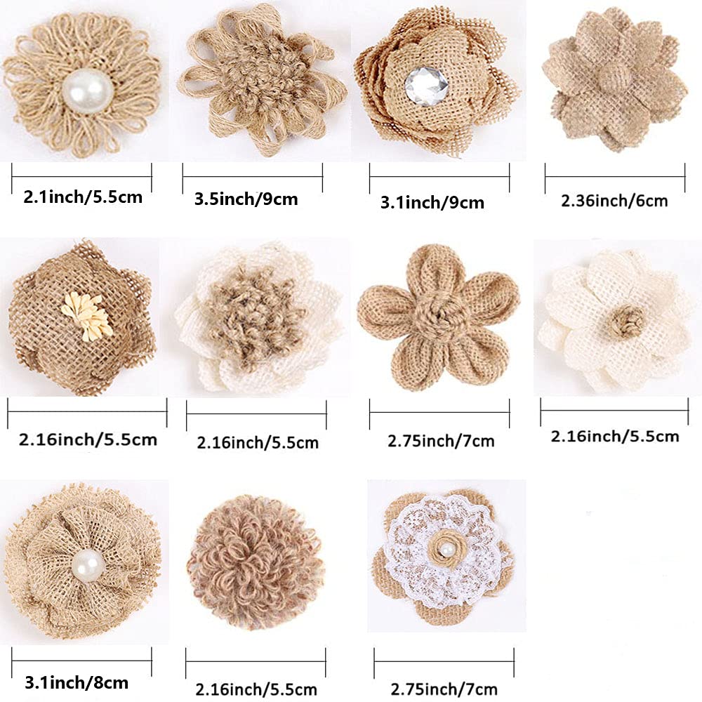 VstarOne 11 PCS Handmade Natural Burlap Flowers, 11 Styles Handmade Rustic Flower for DIY Handmade Crafts, Home Embellishment, Wedding, Christmas, Party Decoration