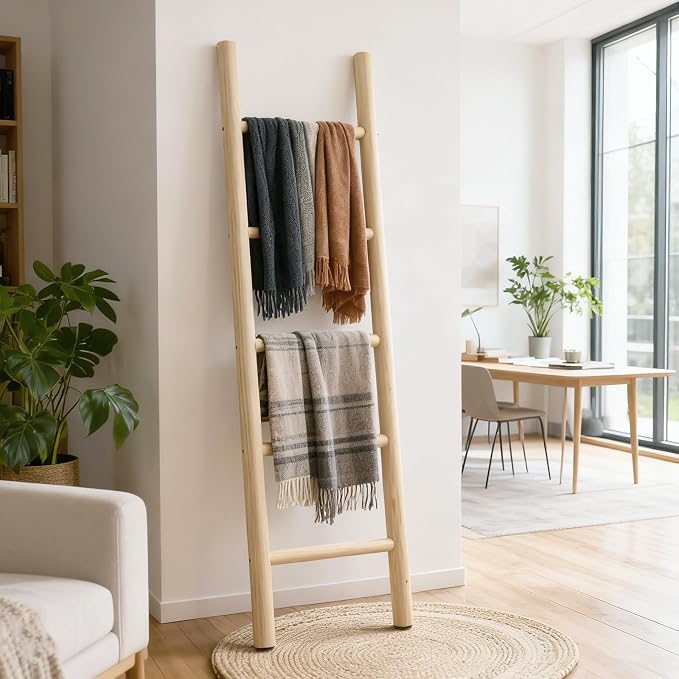 Wooden Blanket Ladder - 57in Natural Wood Color- Leaning Wall Decor for Bedroom, Bathroom, Living Room - Rustic Quilt Holder (Light Wood Color, 57in | Knock Down)