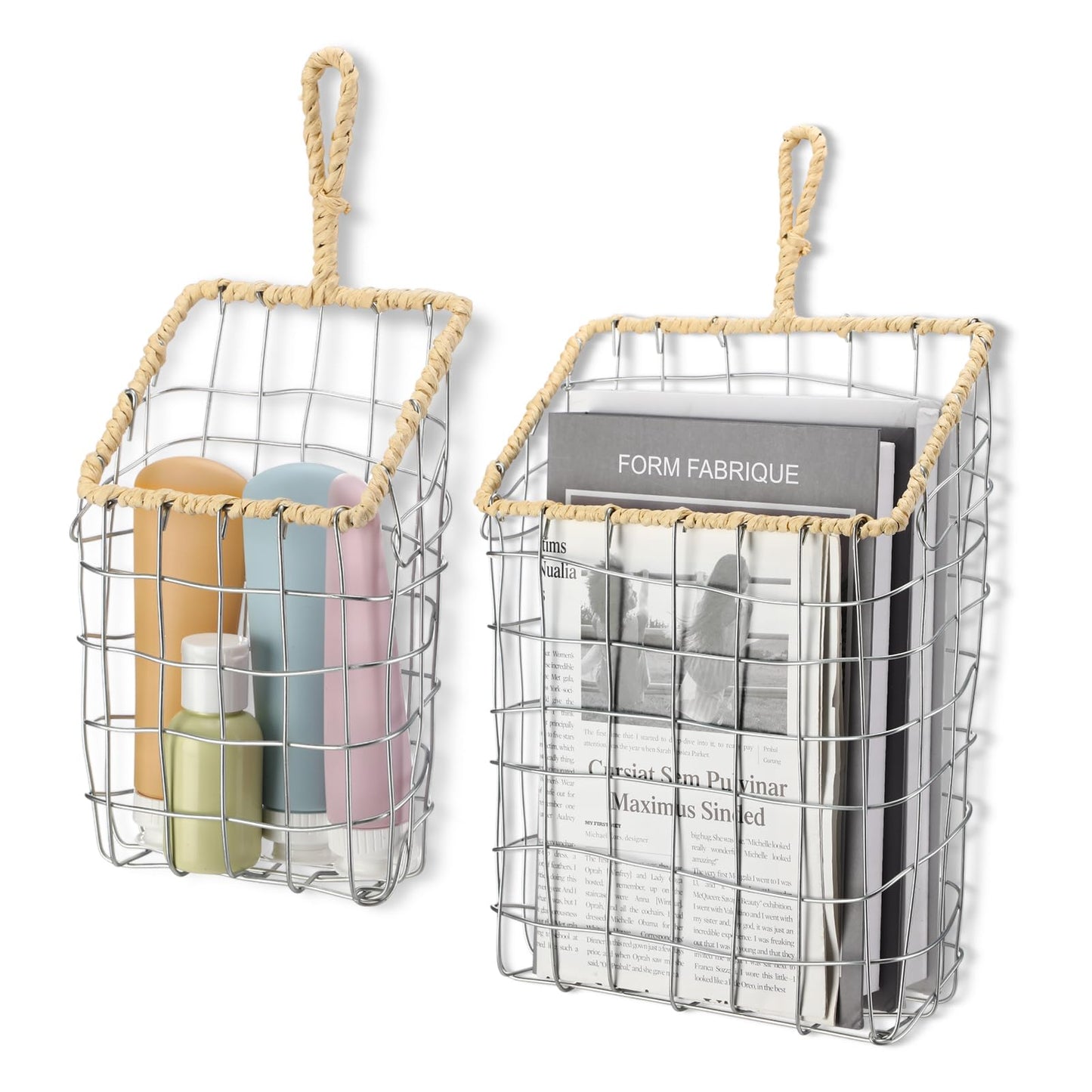 DoubleFill 2 Pcs Hanging Storage Baskets Iron Wire Handwoven Wall Baskets with Wicker Hook Rustic Wall Mounted Organizer for Organizing Mail Files Accessories Kitchen Bathroom Pantry Farmhouse Decor
