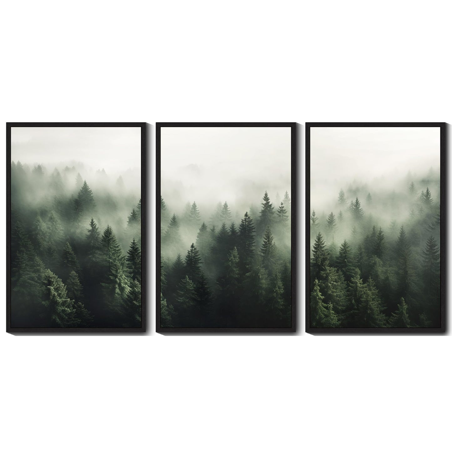 SHENIFY Green Fog Pine Tree Forest Canvas Wall Art Large 24x36in Framed Modern Artwork Prints Decor - Black Framed
