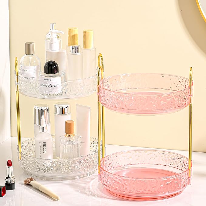 Fangoo 2 Tiers Pink Rotating Makeup Organizer for Vanity, 360 Spinning Skincare Organizers for Dresser Perfume Organizer Large Skincare Make up Storage Cosmetic Organizer for Bathroom Countertop