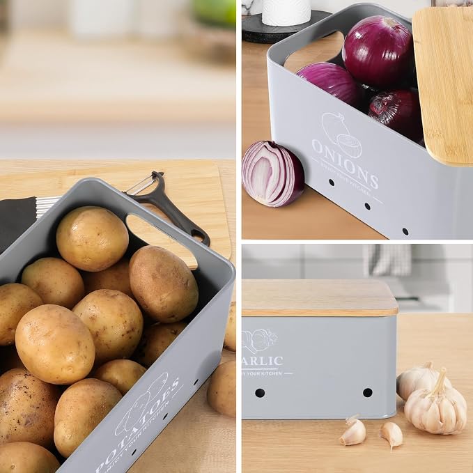 Kitchen Vegetable Storage Set of 3, Metal Onion Garlic Potato Storage Set, Kitchen Canisters Vegetable Keeper Containers with Aerating Holes and Bamboo Lid,Grey