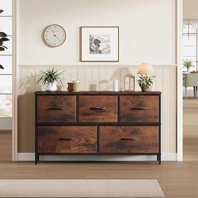 OLIXIS 5 Drawer Dresser for Bedroom, Closet Chest Organizer Furniture, TV Stand for Living Room Hallway, Wide Fabric Storage Tower with Wooden Top and Metal Frame, Brown