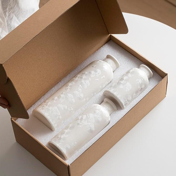 Modern Ceramic Vase Set of 3, White Crystalline Glaze Colors, Decorative Bottles for Home, Farmhouse Rustic Decor Housewarming Gifts, Wedding Gifts, Birthday Gifts for Women(Crystalline Glaze White)