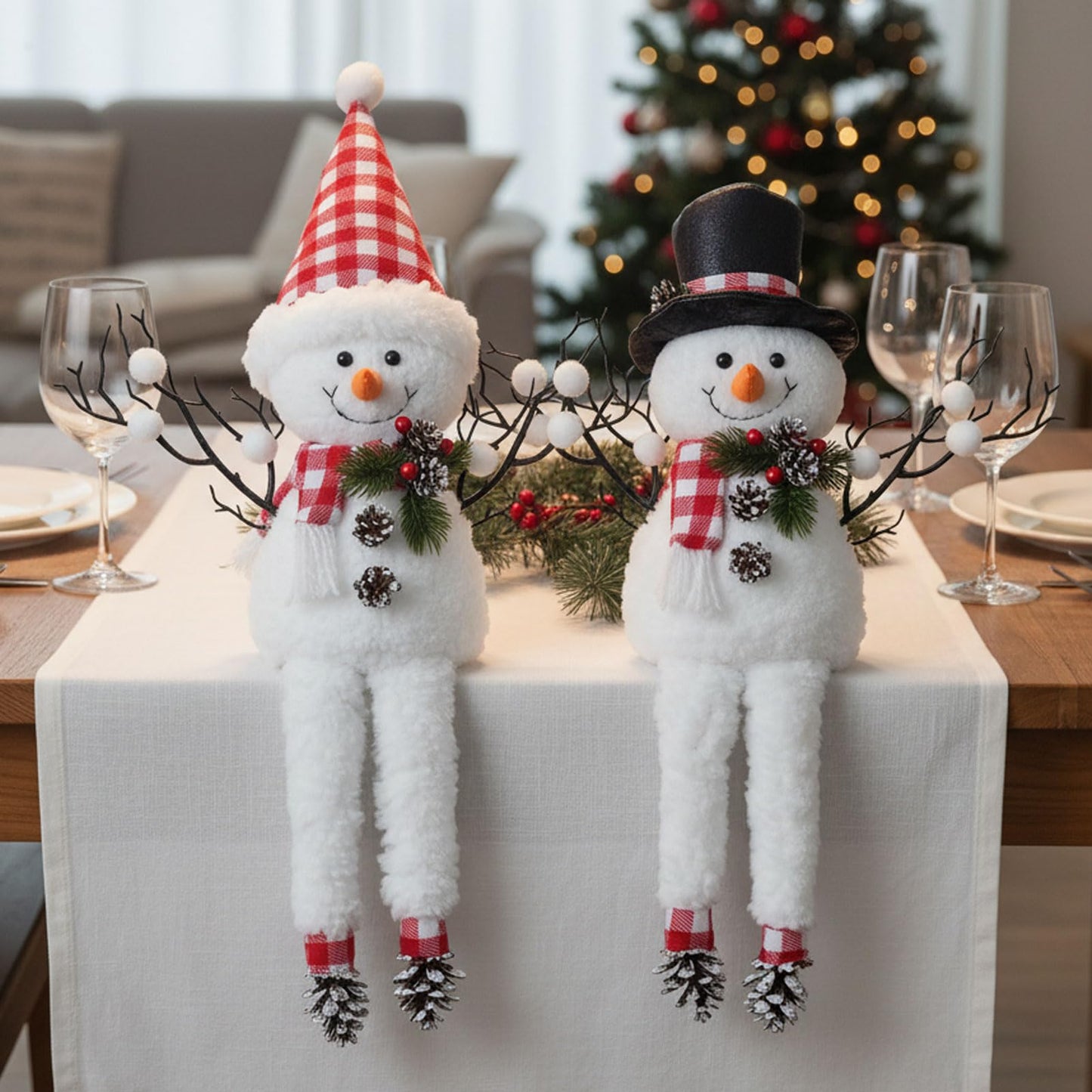 MWDJPXY 2 Pack Christmas Table Decorations, 18" Lighted Plush Snowmen Christmas Trees with Pine Cone Twigs, Light Up Snowman Holiday Present, Xmas Party Gifts Tabletop Ornaments (Red and White)