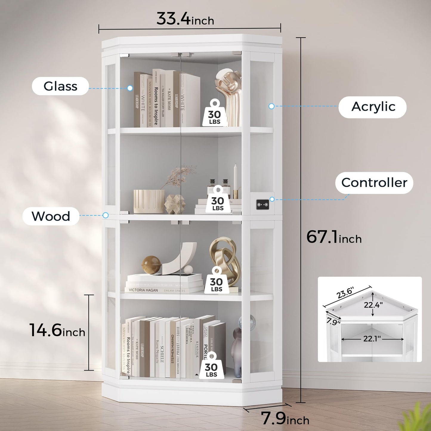 Jocoevol Corner Display Cabinet with 4 Glass Doors, 4-Tier Display Cases with RGB Lights for Collectibles, 67'' Tall Corner Curio Cabinet with Human Body Sensor for Living/Game Room (White)
