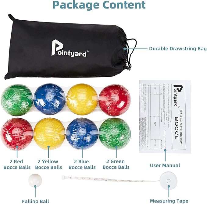 Pointyard 90mm Bocce Ball Set with 8 PE Balls, 1 Pallino, Carrying Bag, Measuring Tape - Family Game for Outdoor/Lawn/Beach/Park