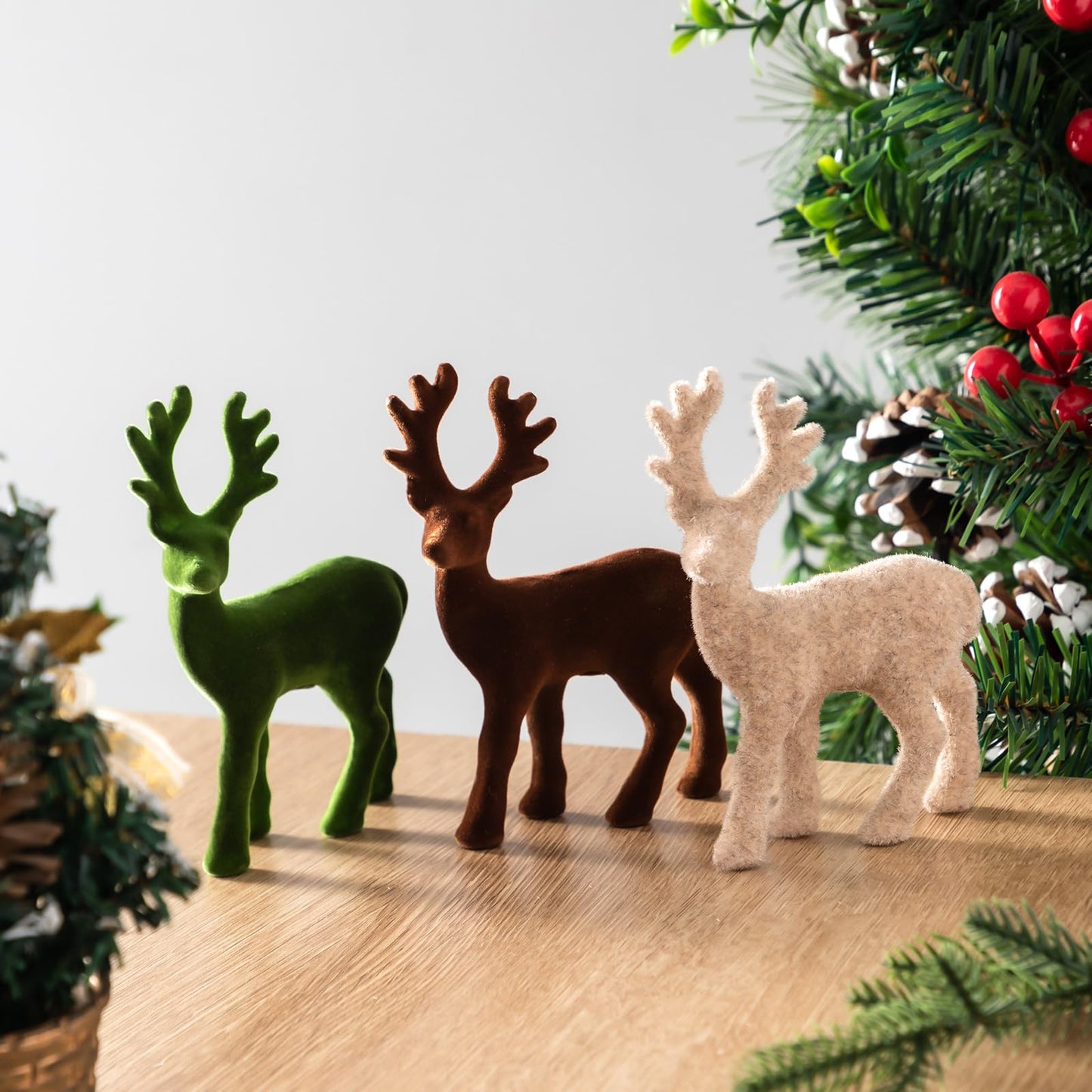 Yalikop 15pcs Reindeer Figurines Christmas Decoration Velvet Tabletop Ornaments Small Reindeer Mini Standing Deer Statues Elk Neutral Centerpiece for Home Office Fireplace Xmas Holiday Party Decor