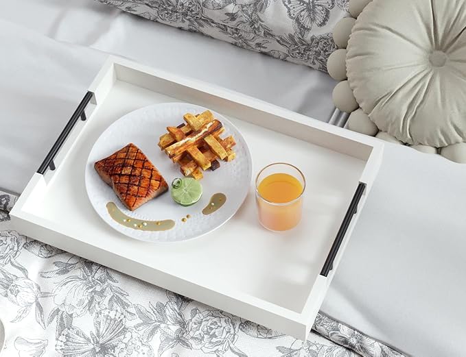 Fibogollo Bamboo Set of 2 Serving Tray with Metal Handles,Ottoman Decorative Trays Platter for Coffee Table,Living Room,Bar,Party(White)