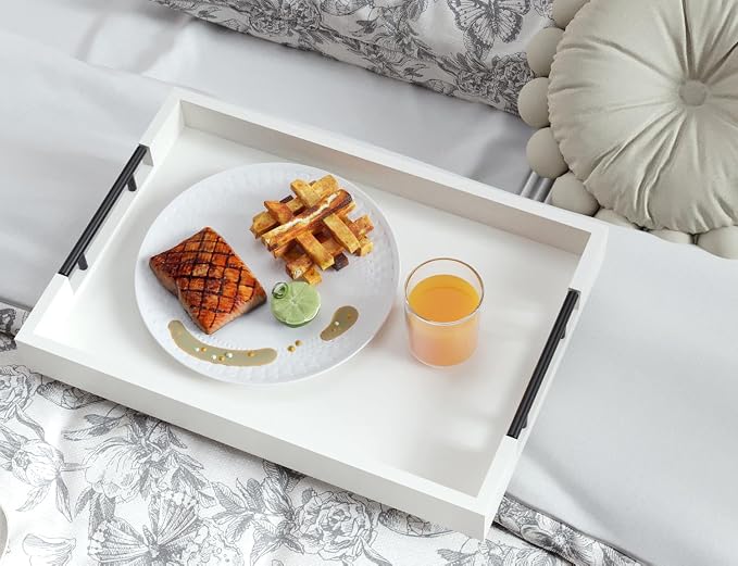 Fibogollo Bamboo Serving Tray with Metal Handles,17x12in Ottoman Decorative Trays Platter for Coffee Table,Living Room,Bar,Party,Large(White)