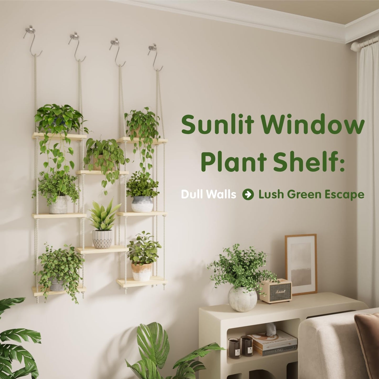 Vihawke Window Plant Shelves, 8 Tier Window Sill Shelf for Plants, Macrame Hanging Plant Stand Indoor, Plant Hanger Floating Shelves, Window Plants Holder Boho Decor Living Room Bedroom Wall Decor