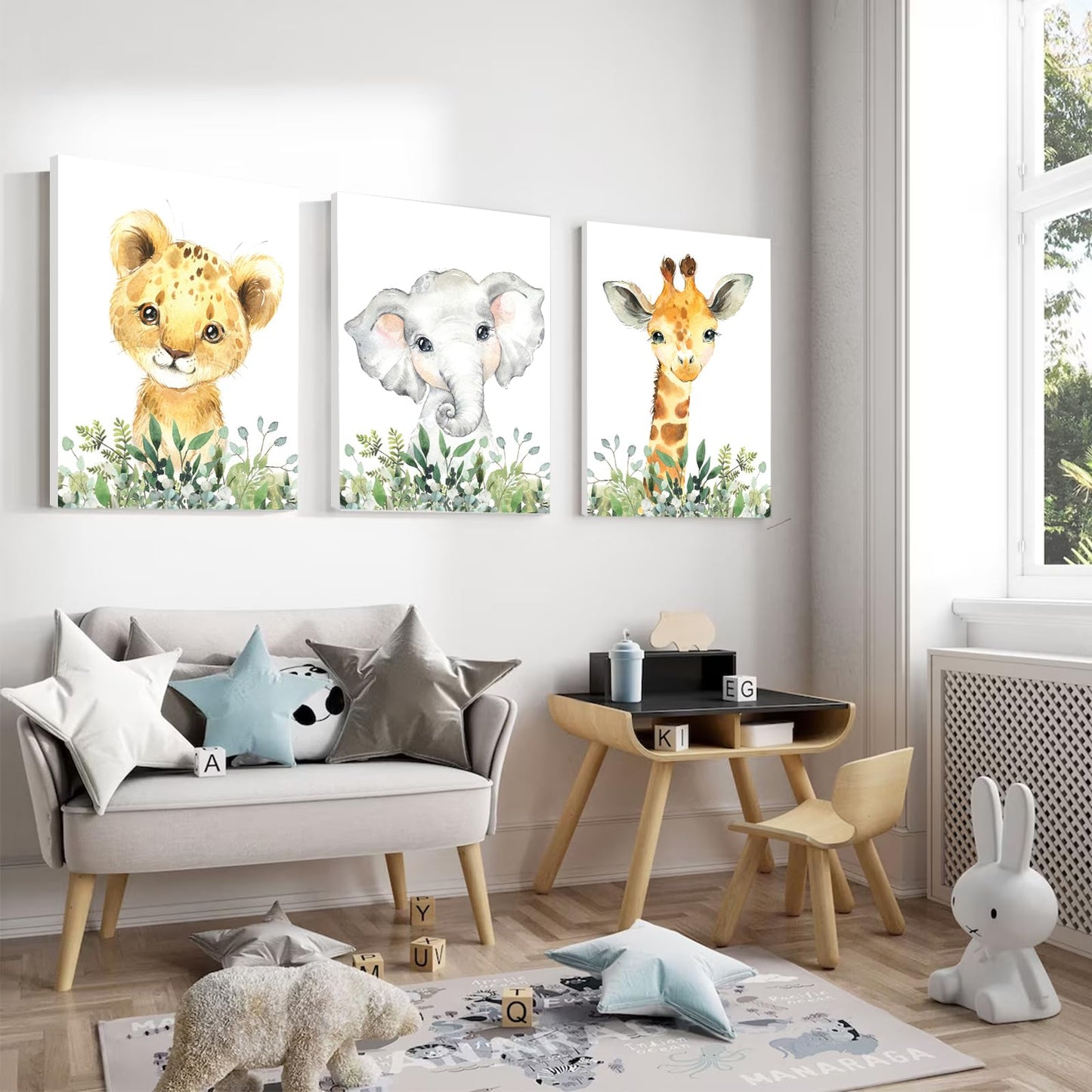 Baby Safari Nursery Wall Decor - Set of 3 Pictures Cute Animal Wall Prints on Canvas Jungle Nursery Safari Decor Gifts for Baby Boys and Girls Room, Framed Wall Art 12 x 16 Inch