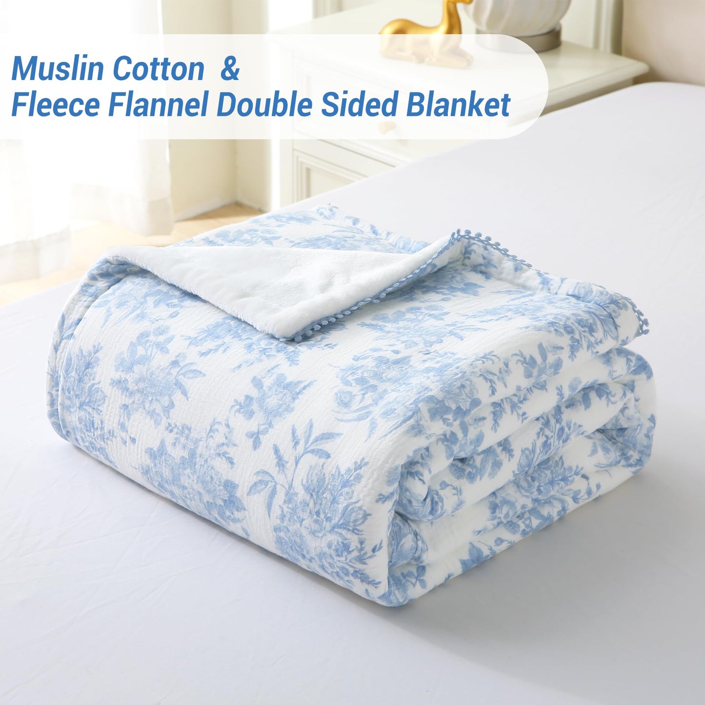 Viviland Fleece Throw Blanket Reversible Muslin Blankets, Soft Throw Blanket for Couch and Bed, Breathable Quilt Bedspread, Gauze Bedding for Adults, Large 50x70 inch, Blue Nerrah