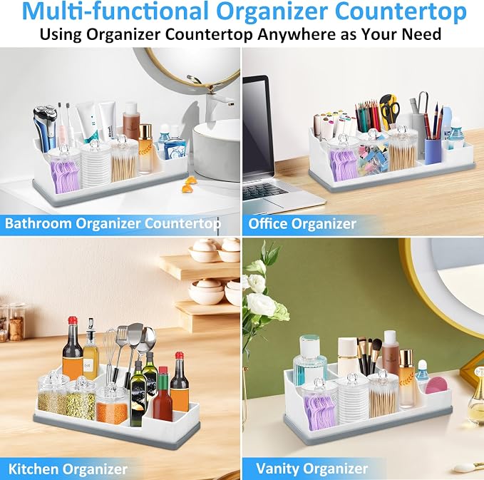 Bathroom Counter Organizer, Large White Silicone Toothbrush Holders for Bathrooms Organizer Countertop with 3PCS Qtip Holder, Toothbrush and Toothpaste Holder for Bathroom Organization Storage Vanity