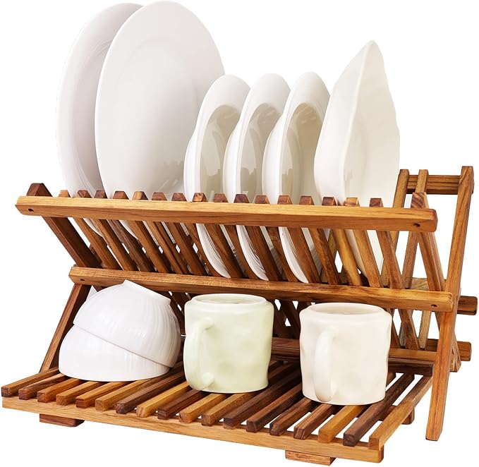 Utoplike 3 Tier Collapsible Teak Wood Dish Drying Rack, Foldable Large Capacity Dish Draine, Space-Saving Countertop Kitchen Organizer for Plates, Cups