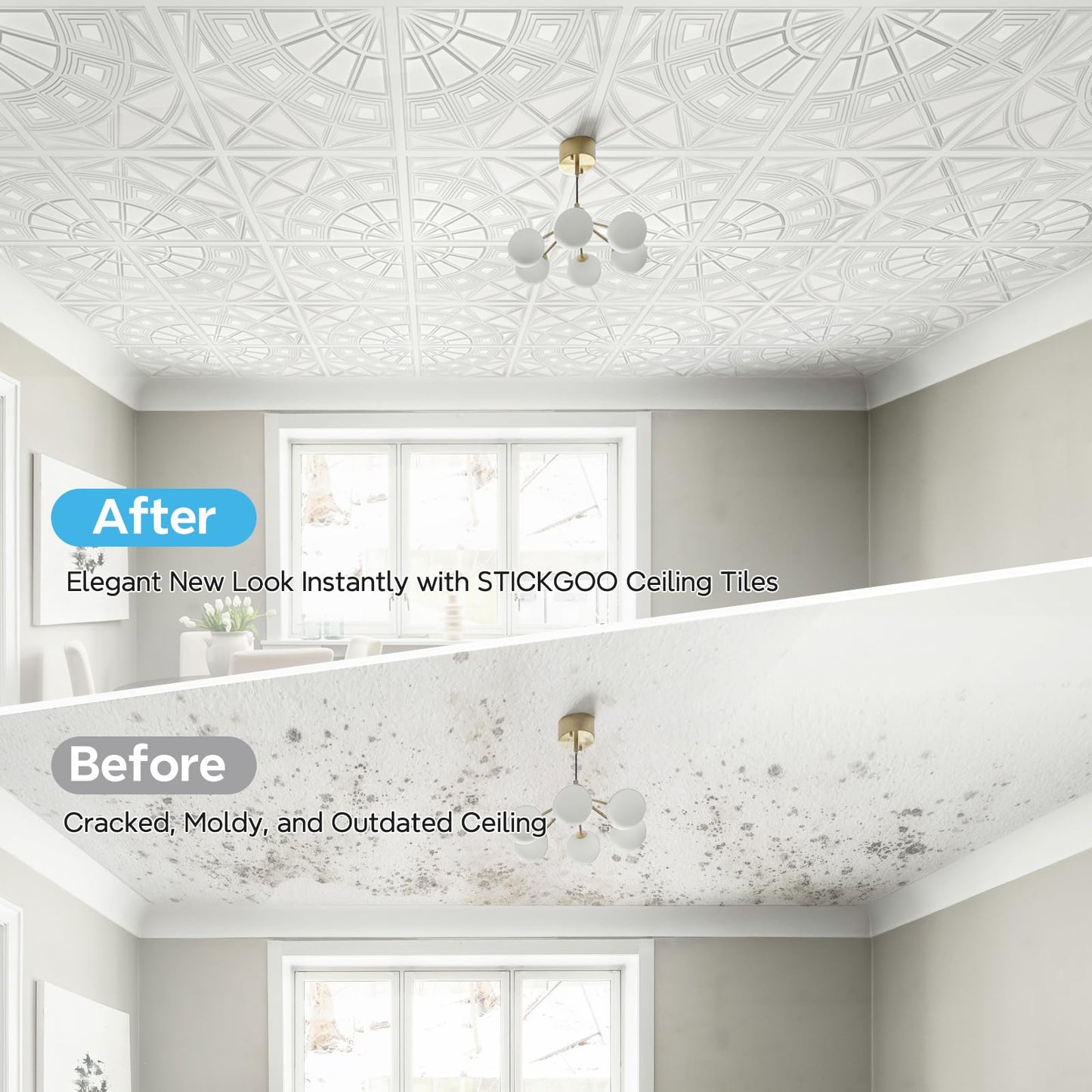 STICKGOO 3D Ceiling Tiles 24"x24", Modern Geometric Textured PVC Panels, Waterproof & Recyclable Drop or Glue-Up Decorative Ceiling Tiles for Home & Commercial Use (12 Pack, White)