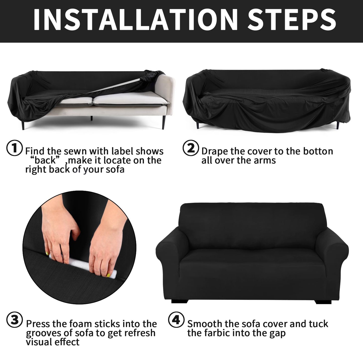 Peryiter 3 Pcs Slipcover Set for Couch Furniture Covers for Sofa Loveseat Couch Arm Chair, Form Fit Stretch, Wrinkle Free, Furniture Protector(Black,Milk Silk Spandex)